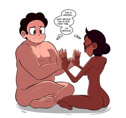 1boy 1boy1girl 1girls aged_up barefoot cartoon_network closed_eyes connie_maheswaran dark-skinned_female dark_skin dialogue english english_text full_body glasses high_five monologue nervous nude nude_female nude_male ounpaduia petite signature sitting skinny small_breasts speech_bubble steven_quartz_universe steven_universe text white_background wholesome rating:Explicit score:29 user:MrEgorMan