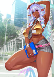 1girls 2022 armpits artist_name artist_signature belt belt_buckle belt_skirt bikini blurry_background bracelet breasts buildings busty city city_background dark-skinned_female dark_elf dark_skin detached_collar ear_piercing ear_piercings elf elf_female eyebrows_visible_through_hair eyelashes eyeliner eyeshadow female female_elf female_only fingernails formal ganguro hand_on_own_head heart heart_earrings hi_res high_resolution highres hourglass_figure huge_breasts jewelry kogal kuro_gyaru lace-trimmed_panties lace_trim lips lipstick long_fingernails lots_of_jewelry makeup mascara massive_breasts microskirt miniskirt multiple_piercings nail_polish necktie necktie_between_breasts no_shirt original original_character panties pantyshot pantyshot_(standing) piercing pink_belt pink_lips pink_lipstick pink_nail_polish pink_nails pointy_ears ring sharp_fingernails silver_hair skirt solo solo_female standing standing_on_one_leg striped_skirt tatsunami_youtoku white_panties white_stripes year rating:Explicit score:189 user:ron50