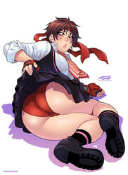 1girls ass blush brown_hair cameltoe capcom clothing darkereve female female_only fingerless_gloves inviting looking_at_viewer lying lying_on_side necktie panties red_panties sakura_kasugano shadow skirt skirt_lift solo solo_female street_fighter street_fighter_v tomboy trefoil white_background rating:Explicit score:150 user:!nner$elf89