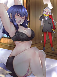 1340smile 2girls absurdres arms_up ass bed blue_hair blush breasts byleth_(fire_emblem) byleth_(fire_emblem)_(female) cape cleavage cyndaquil edelgard_von_hresvelg embarrassed female female_only fire_emblem fire_emblem:_three_houses garreg_mach_monastery_uniform highres lingerie multiple_girls nintendo open_mouth panties pantyhose pantyshot pink_panties pokemon pokemon_(creature) red_legwear solo_focus surprised underwear upskirt waking_up walk-in yawning rating:Questionable score:118 user:kris923