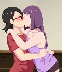 2girls black_hair blush boruto:_naruto_next_generations breasts cleavage closed_eyes female female/female female_only kakei_sumire kissing lickliking long_hair multiple_girls naruto naruto_(series) no_bra purple_hair sarada_uchiha shirt shirt_grab short_hair tank_top yuri rating:Questionable score:120 user:Babe-Beyblade