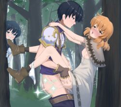 1boy 2girls ambiguous_penetration being_watched black_eyes black_hair blush bodily_fluids breasts caught clothed_female clothed_sex cuckquean cum cum_inside female female_voyeur female_watching femsub fire_emblem fire_emblem:_genealogy_of_the_holy_war forest gloves grin lana_(fire_emblem) larcei_(fire_emblem) male maledom medium_hair multiple_girls nintendo no_bra no_panties open_mouth orange_eyes orange_hair outdoors panties panties_around_leg recklessdraw scathach_(fire_emblem) sex short_hair small_breasts smile stand_and_carry_position standing_sex underwear voyeur voyeurism watching white_panties rating:Explicit score:117 user:kris923