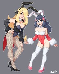 2girls age_difference artist_name blonde_hair blue_eyes blue_hair breast_size_difference bunny_ears bunny_girl bunnysuit cleavage cute cynthia_(pokemon) dawn_(pokemon) detached_collar detached_sleeves fake_animal_ears fishnet_pantyhose fishnets front_view game_freak grey_background height_difference high_heels nintendo plain_background pokemon posing rob_ishi strapless_leotard thighhighs rating:Questionable score:117 user:Justasillygoose