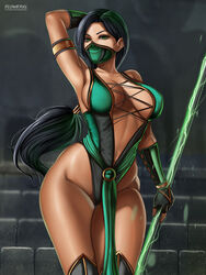 2d alternative_body_build artist_logo bracelet breasts cleavage detailed_background female flowerxl gloves green_clothing green_eyes green_hair green_mask hair_ribbon hand_behind_head jade_(mortal_kombat) light-skinned_female long_hair looking_at_viewer mortal_kombat mortal_kombat_(2011) shoes solo thick_thighs thunder_thighs rating:Questionable score:175 user:Patrick_PAT