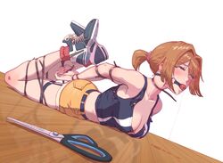 ankle_socks anklehighs arms_tied_behind_back asphyxiation ball_gag bondage bound_legs bound_wrists brown_hair choking closed_eyes gag gagged girls'_frontline grizzly_mkv_(girls'_frontline) grizzly_mkv_(weekend_cop)_(girls'_frontline) guangmi leveen orange_socks saliva socks suffocation tears zip_tie rating:Questionable score:255 user:jill58