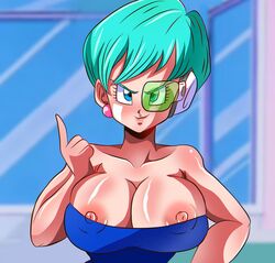 1girls areolae bangs bare_shoulders blue_eyes blue_hair blush breasts bulma_briefs bulma_briefs_(beginnings_of_dragon_ball_z) cleavage collarbone dragon_ball dragon_ball_z earrings female female_focus female_only green-tinted_eyewear grin hi_res highres huge_breasts kyandi_db large_breasts looking_at_viewer nipples nipples_visible_through_clothing scouter short_hair smile smirk solo strapless tinted_eyewear tubetop rating:Explicit score:69 user:SxnflowerSex