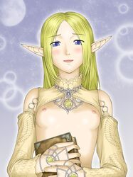 blonde_hair blue_eyes blush book breasts clothing color elf female female_only front_view holding_object lineage looking_at_viewer nipples open_mouth pointy_ears solo rating:Explicit score:10 user:bot