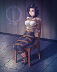 1girls bioshock bioshock_infinite black_skirt blouse bondage bound_and_gagged breasts brooch burial_at_sea chair cleave_gag cloth_gag elizabeth_comstock eyeliner female female_focus female_only femsub gag gagged heels lingerie lipstick long_hair makeup medium_breasts pencil_skirt reptileye rope_bondage shirt skirt stockings tied_to_chair white_blouse white_shirt rating:Explicit score:61 user:CyanMoon