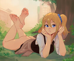 1girls ass barefoot blonde_female blue_eyes blue_rubber feet female female_only foot_fetish garden hayasaka_ai kaguya-sama_wa_kokurasetai_~tensai-tachi_no_renai_zunousen~ looking_at_viewer lying_on_stomach no_panties side_ponytail soles solo squeezable the_pose toes touching_grass rating:Questionable score:610 user:RommSter