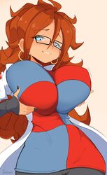 1girls android android_21 android_21_(human) big_breasts blue_eyes blush bouncing_breasts cameltoe cleavage dragon_ball dragon_ball_fighterz earrings female glasses golden_earrings grabbing_breasts huge_breasts jellcaps labcoat orange_hair painted_fingernails painted_nails pattern_shirt playing_with_breasts playing_with_own_breasts solo thick_thighs white_skin wobbling rating:Explicit score:230 user:Geno-Trix