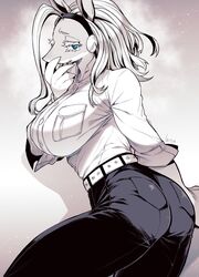 anthro bent_over big_ass big_breasts black_and_white blonde_hair blue_eyes female female_only furry hand_on_mouth ippan_josei mutant_lady_(my_hero_academia) my_hero_academia seductive_look shirt takatsuki_ichi tight_pants rating:Questionable score:263 user:Marioskat