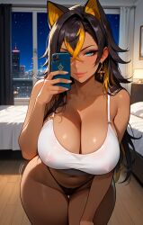  ai_generated dark-skinned_female dehya_(genshin_impact) genshin_impact large_breasts leaning_forward selfie stable_diffusion sugyx thong white_tank_top  rating:explicit score: user:bot