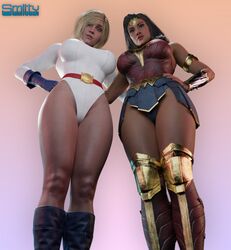 2girls 3d 3d_(artwork) big_breasts blender_(software) dc dc_comics female female_only fully_clothed injustice_2 large_breasts legs leotard looking_at_viewer low-angle_view olive_skin power_girl smitty34 superheroine superman_(series) thick_thighs wonder_woman wonder_woman_(series) rating:Safe score:157 user:smitty34