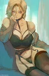 1girls 2022 absurd_res android_18 artist_signature big_breasts black_bra black_lingerie blonde_hair blue_eyes bob_cut bra breasts clothed_female cutesexyrobutts dragon_ball dragon_ball_z female female_focus female_only finger_in_mouth garter_straps hi_res highres hips huge_breasts large_filesize lingerie looking_at_viewer mature mature_female naughty_face nipple_bulge patreon patreon_reward png short_hair slim_waist solo solo_female solo_focus tank_top thick_thighs thighhighs thighs very_high_resolution wide_hips rating:Questionable score:875 user:Cero_Oscuras