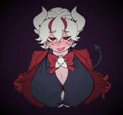 beelzebub_(helltaker) big_breasts blush breasts cleavage demon demon_girl demon_tail heart helltaker horns huge_breasts krekk0v looking_at_viewer open_clothes open_mouth presenting presenting_breasts tight_clothing white_hair rating:Questionable score:498 user:HelltakerRP