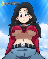 1girls absurd_res black_hair blue_eyes blush breasts dragon_ball dragon_ball_super dragon_ball_z female female_only fully_clothed hi_res jeans kameseru looking_down milf no_bra red_shirt shounen_jump solo solo_female twintails underboob videl rating:Questionable score:194 user:WatchTheLanguage