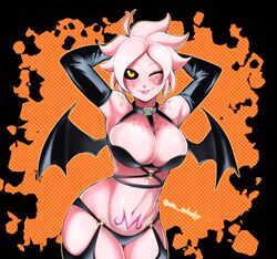 1girls aka_nobodyy bat_wings cleavage color costume dragon_ball dragon_ball_xenoverse female_focus female_majin female_only halloween_costume halloween_theme large_breasts majin_mark monster_girl nashi_(aka_nobodyy) original_character pink_skin tongue_out yellow_eyes rating:Questionable score:25 user:Velper