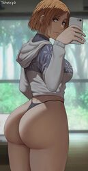 1girls 2022 artist_signature ass ass_focus ass_shot back back_view big_ass black_panties breasts brown_eyes brown_hair bubble_butt female female_only hi_res hips holding_object hoodie huge_ass huge_breasts jujutsu_kaisen kugisaki_nobara panties phone selfie shexyo short_hair slim_waist thick_thighs thighs thong wide_hips rating:Questionable score:669 user:Cero_Oscuras