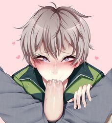 2boys absurdres blue_eyes blush cum cum_in_mouth eyelashes face fellatio femboy gomi-cake grey_hair heart heart-shaped_pupils highres jacket looking_at_viewer multiple_boys my_teen_romantic_comedy_snafu nose_blush oral penis short_hair symbol-shaped_pupils tears totsuka_saika track_jacket uncensored yaoi rating:Explicit score:401 user:bot