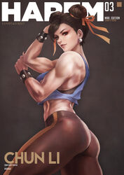 1girls absurdres adapted_costume ass biceps black_hair black_nails black_pants black_sports_bra blue_shirt breasts brown_eyes capcom character_name chun-li cover cowboy_shot crop_top cropped_vest double_bun earrings english_commentary eyeshadow fake_magazine_cover female female_only fingernails fully_clothed hair_ribbon highres jewelry lips looking_at_viewer magazine_cover makeup medium_breasts midriff monorirogue muscular muscular_female nail_polish nose orange_ribbon pants pose red_eyeshadow ribbon shirt short_hair solo sports_bra street_fighter striped studded_bracelet thick_thighs thighs tight tight_pants twisted_torso vertical_stripes vest yoga_pants rating:Questionable score:172 user:Crcole331