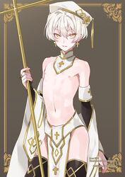 1boy anime_nose artist_name bare_shoulders belly belly_button blonde blonde_hair border bridal_gauntlets brown_background cross cross_earrings cross_print dated detached_sleeves earrings elbow_gloves english_text femboy feminine feminine_male girly gloves gold_trim hat holding holding_cross holding_object human jewelry light-skinned_male light_skin looking_at_viewer male male_nipples male_nun male_only navel no_visible_genitalia original otoko_no_ko parted_lips pelvic_curtain potti-p priest religious_clothing revealing_clothes short_hair simple_background solo stomach thighhighs topless_male trap yellow_eyes rating:Explicit score:224 user:Femboygaming