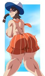 ass back_view big_ass big_breasts big_butt brown_eyes brown_hair charge_sol creatures_(company) curvy female game_freak hat headwear highres human juliana_(pokemon) looking_back nintendo pale_skin pokemon pokemon_sv short_hair shorts solo solo_female tagme thick_ass thick_thighs thighs topless rating:Questionable score:117 user:bolhort