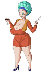 afro blue_eyes blue_hair bulma_(afro) bulma_briefs busty cigarette cleavage clothed clothed_female curvy dragon_ball dragon_ball_z dress drink ear_piercing hairband heels high_heels huge_breasts huge_cleavage lit_cigarette milf panarandom sagging_breasts venus_body vest voluptuous white_background wine_glass rating:Explicit score:141 user:Potatoman25