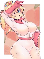 1girls accessory armpits armwear blonde_hair blue_eyes blush breasts chocotoffy crown eyes_visible_through_hair female female_only gloves large_breasts looking_at_viewer mario_(series) nintendo one_eye_closed open_mouth peach_(fruit) ponytail princess_peach ripped_clothing skin_tight solo super_mario_bros._(2023_film) tagme thighs torn_clothes white_border rating:Questionable score:175 user:GusFringer