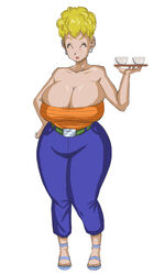 barely_contained belt belt_buckle blonde_hair breasts cleavage cleavage_overflow clothed clothed_female dragon_ball drinks eyes_closed full-length_portrait full_body hand_on_hip huge_breasts knees_together_feet_apart large_breasts milf orange_tubetop panarandom panchy panchy_(dragon_ball) panchy_briefs pants portrait sandals serving_tray short_hair slanted_eyes smile standing thick_thighs waitress white_background wide_hips yellow_hair rating:Explicit score:151 user:Potatoman25