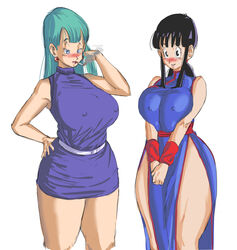 2girls bare_legs black_eyes black_hair black_hair_female blue_eyes blue_hair blush breasts_between_arms breasts_squeezed_together bulma_briefs chichi chinese_clothes clothing dragon_ball earrings female female_only fully_clothed hand_on_hip hands_in_front huge_breasts looking_at_viewer minidress nipple_bulge panarandom pelvic_curtain side_slit sleeveless_dress smoking smoking_cigarette toei_animation turtleneck turtleneck_dress white_background rating:Explicit score:189 user:Alta123