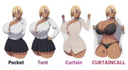 13 blonde_hair bra breasts bursting_breasts choker cleavage curtain_call_challenge curvy dark-skinned_female dark_skin earrings gyaru huge_breasts kloah kogal lingerie mole mole_on_breast nail_polish navel nipple_bulge open_clothes original panties purple_eyes shinokami_xatiii_(kloah) shirt short_hair skirt tattoo thick_thighs white_background wide_hips wink rating:Questionable score:483 user:Dic