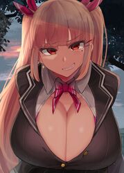 big_breasts bowtie cleavage deep_cleavage facominn fully_clothed hair_clips hair_ribbon hair_ribbons hairclip huge_breasts large_breasts long_hair looking_at_viewer monet_(facominn) paizuri_invitation peach_hair red_bowtie red_eyes school_uniform schoolgirl seductive shiny_breasts smug smug_expression smug_face smug_grin smug_smile suggestive twintails unbuttoned unbuttoned_shirt white_skin rating:Explicit score:200 user:Geno-Trix