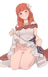 1girls alternate_costume bangs bare_shoulders celica_(fire_emblem) celica_(valentine's)_(fire_emblem) censored clothes_lift dress_lift earrings ebinku female female_only female_pubic_hair fire_emblem fire_emblem_echoes:_shadows_of_valentia fire_emblem_heroes flower fully_clothed hair_flower kneeling lifted_by_self medium_hair nintendo no_panties off_shoulder official_alternate_costume orange_eyes orange_hair precum presenting_pussy pubic_hair pussy skirt_lift solo upside-down rating:Explicit score:89 user:kris923