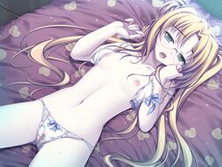 alpha_(yukai_na_nakamatachi) bangs bed_sheet blonde_hair blue_ribbon bow_bra bow_panties bra braid breasts cowboy_shot eyebrows_visible_through_hair female game_cg glasses green_eyes hair_between_eyes hair_intakes half-closed_eyes kuribayashi_hatoko long_hair lying navel nipples okiba_ga_nai! on_back open_bra open_mouth panties print_panties ribbon rimless_eyewear round_eyewear small_breasts solo twintails underwear very_long_hair white_bra white_panties rating:Questionable score:18 user:DemonKitty15