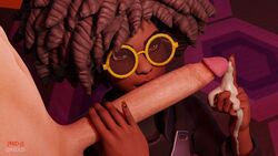 1boy 1girls 3d black_hair blender dark-skinned_female dark_skin doctor_slone female fortnite glasses handjob huge_cock interracial kissing_penis large_penis long_penis oral penis_on_head pov red-j red_lj semen unseen_male_face yellow_eyes yellow_nails rating:Explicit score:56 user:LJ-RED