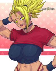 1girls absurd_res artist_name blonde_hair choker clothing cropped_shirt dark-skinned_female dark_skin dragon_ball dragon_ball_super ear_piercing earrings female female_saiyan hand_on_hip hand_on_own_head hi_res highleg highleg_panties jewelry kale kamekuzu kameseru legendary_super_saiyan lipstick long_hair makeup multiple_piercings navel nipple_bulge nose panties piercing ponytail red_lips red_lipstick shirt short_sleeves simple_background skin_tight stomach super_saiyan tied_hair tight_shirt toned toned_female underwear yellow_eyes rating:Questionable score:120 user:WatchTheLanguage