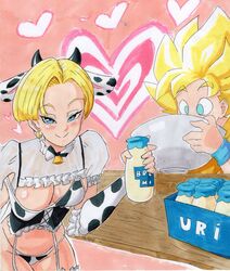 android android_18 cow_girl dragon_ball dragon_ball_super drinking_milk milk saiyan son_goku super_form super_saiyan uri_artsu rating:Questionable score:24 user:Dbfan00