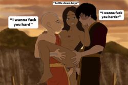  1girls 2boys aang accurate_art_style air_nomad airbender_tattoo anal anal_penetration anal_sex anaxus avatar_legends avatar_the_last_airbender bald barefoot black_hair blue_eyes breasts brown_hair calf_muscles clothed clothed_male clothed_male_nude_female clothed_sex clothing completely_nude dark-skinned_female dark_skin double_penetration english_text female fire_nation gdcomics hands_on_legs katara long_hair looking_at_another looking_at_viewer male male/female naked netorare nickelodeon nipples nude nude_female outside penetration penis sandwiched scar seductive seductive_eyes seductive_look seductive_smile sex side_view sideboob small_breasts standing_on_one_leg standing_sex swingers text the_avatar threesome vaginal vaginal_penetration vaginal_sex water_tribe zuko  rating:explicit score: user:gdcomics