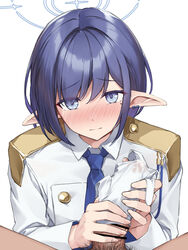 1boy 1girls absurdres aoi_(blue_archive) blue_archive blue_hair blue_necktie blush cropped_jacket ear_piercing general_student_council_(blue_archive) glovejob gloves handjob highres light-skinned_female light-skinned_male light_skin male_pov necktie penis penis_in_glove piercing pointy_ears pov rebutsu rating:Explicit score:50 user:bot