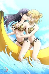 2girls aihara_mei aihara_yuzu animal_print artist_logo artist_name banana_boat bare_shoulders beach bikini black_eyes blonde_hair blush citrus_(saburouta) cleavage closed_eyes clouds commission couple fingernails grabbing_another's_breast hair_bun half-closed_eyes highres hug hug_from_behind kiss large_breasts leopard_print long_hair multiple_girls navel outdoors partially_submerged pink_nails pseudo-incest purple_hair single_hair_bun sky stepsisters summer sunlight war_bunny yuri rating:Questionable score:24 user:Rhaizen