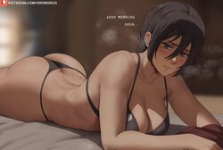 asian ass attack_on_titan bed bedroom black_hair blurred_background blush_lines blushing_at_viewer breasts busty_female cleavage dialogue female_focus light-skinned_female light_skin looking_at_viewer lying_on_bed lying_on_stomach mikasa_ackerman oroborusart savagexthicc scarf shingeki_no_kyojin short_hair steam underwear rating:Questionable score:183 user:Aur3lionit3K