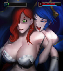  2girls bloodonspiral blue_eyes blue_hair breast_grab breasts gameplay_mechanics grabbing_breasts grabbing_from_behind green_eyes grin health_bar imminent_sex large_breasts league_of_legends miss_fortune red_hair riot_games sona_buvelle spiralnoww tongue tongue_out  rating:explicit score: user:azekaze