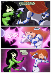 2girls black_hair bodysuit comic disney disney_channel drew_gardner english_text female female_only green_eyes kim_possible kimberly_ann_possible laser_gun latex multiple_girls orange_hair rubber_suit shego speech_bubble straitjacket text rating:Questionable score:118 user:antirust