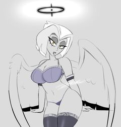 1girls 2024 angel angel_girl angel_halo angel_wings bedroom_eyes big_breasts bra breasts cleavage elbow_gloves exorcist_(hazbin_hotel) female_only halo hazbin_hotel hourglass_figure lingerie looking_at_viewer lute_(hazbin_hotel) navel pale-skinned_female pale_skin samual130 short_hair signature smile solo solo_female stockings thick_thighs thighhighs thong underwear white_hair wings yellow_eyes rating:Questionable score:232 user:LinkAlmighty