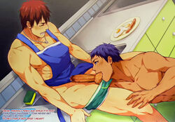 2boys aomine_daiki apron apron_aside balls big_penis blue_hair blush boxers daiki_aomine dialogue english_text gay kagami_taiga kitchen kuroko's_basketball kuroko_no_basuke male/male male_only muscular muscular_male necklace oral oral_sex penis precum red_hair saliva sucking sucking_balls sucking_testicles tagme taiga_kagami testicle_licking testicles toned toned_male underwear underwear_down yaoi zawar379 rating:Explicit score:75 user:yaoi-lover