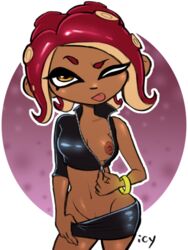 agent_8_(splatoon) big_breasts booty_shorts bracelet dark-skinned_female female iseenudepeople lingerie lowres_duplicate nintendo no_bra octoling small_nose solo splatoon sticking_out_tongue topless wink winking_at_viewer rating:Explicit score:51 user:HotOctoling