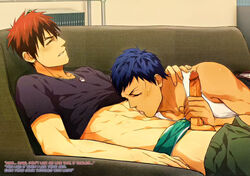 2boys abs aomine_daiki big_penis blue_hair blush closed_eyes daiki_aomine dialogue english_text gay handjob kagami_taiga kuroko's_basketball kuroko_no_basuke licking male male/male male_only masturbation necklace pants_down penis penis_out red_hair shirt shirt_lift shirt_up sofa tagme taiga_kagami yaoi zawar379 rating:Explicit score:56 user:yaoi-lover