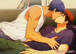 2boys aomine_daiki blue_hair clothed daiki_aomine dialogue english_text gay grabbing kagami_taiga kissing kuroko's_basketball kuroko_no_basuke male male/male male_only necklace red_hair romantic sofa tagme taiga_kagami yaoi zawar379 rating:Questionable score:43 user:yaoi-lover