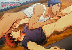 2boys 69 69_position aomine_daiki ass balls blowjob blue_hair daiki_aomine dialogue english_text gay kagami_taiga kuroko's_basketball kuroko_no_basuke male male/male male_only muscular muscular_male necklace oral oral_penetration oral_sex penis precum pubic_hair red_hair saliva saliva_trail shirt shirt_lift sideways tagme taiga_kagami toned toned_male yaoi zawar379 rating:Explicit score:73 user:yaoi-lover