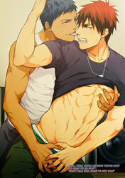 2boys abs angry aomine_daiki blue_hair crotch_grab daiki_aomine dialogue english_text gay grabbing grabbing_from_behind head_grab kagami_taiga kuroko's_basketball kuroko_no_basuke licking licking_face lifted_shirt male male/male male_only muscular muscular_male necklace pants red_hair shirt shirt_lift shirt_removed shirt_up tagme taiga_kagami toned toned_male tongue tongue_out underwear yaoi zawar379 rating:Questionable score:44 user:yaoi-lover